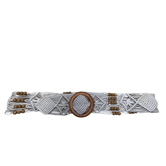 Vintage Tan Macrame Belt With Wooden Beads & Round Buckle Handmade Lightweight - Picture 4 of 5